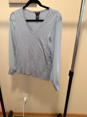 Ann Taylor Pale Blue V-Neck Sweater with Chiffon Sleeves